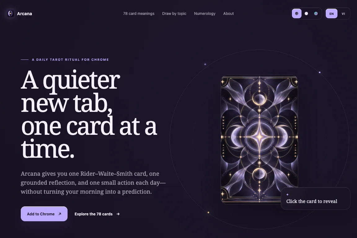 Arcanatab homepage showing its daily tarot experience in a dark purple theme