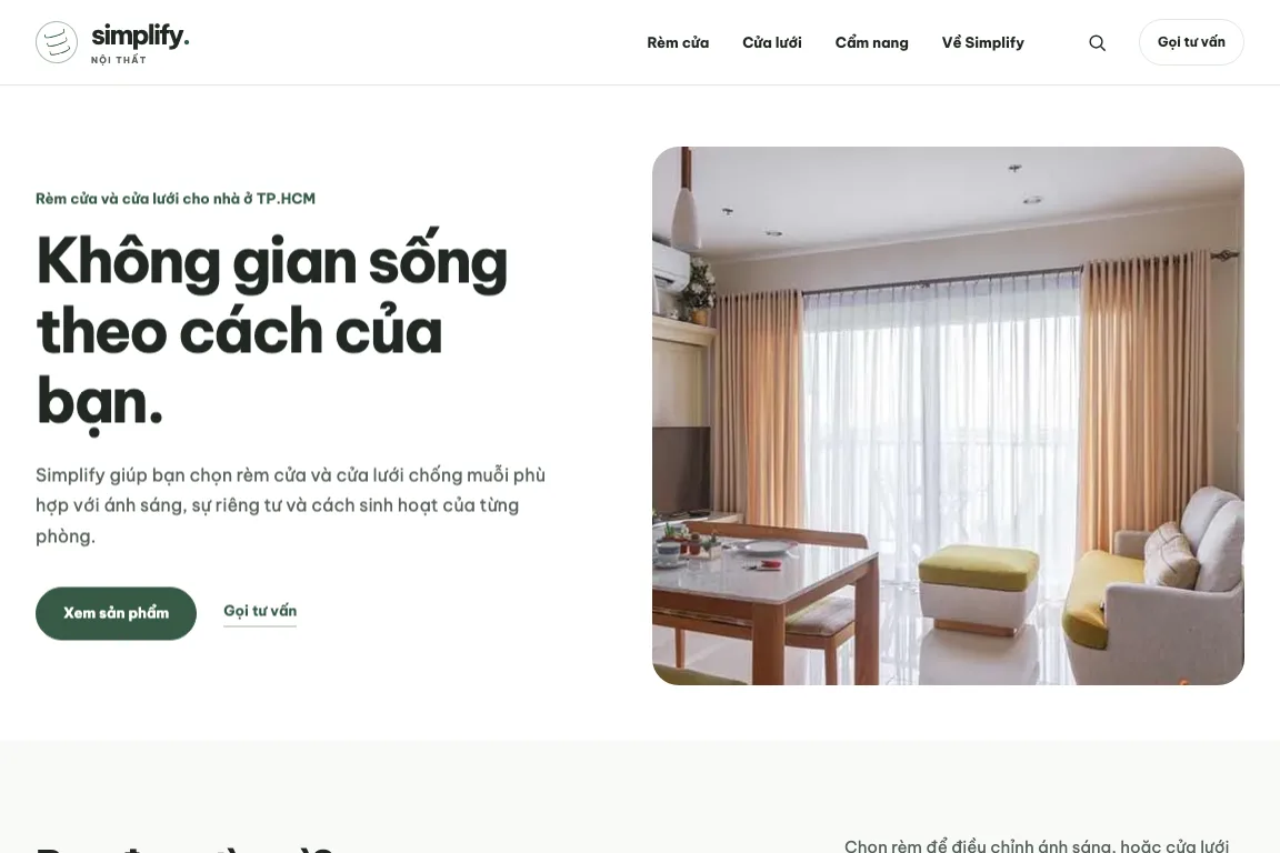 Nội Thất Simplify homepage with interior photography and curtain categories